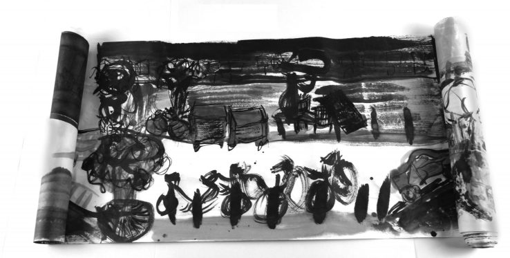 Cécile Savelli, Rouleau Encre de chine sur papier de riz , 45 x 400 cm, 2014